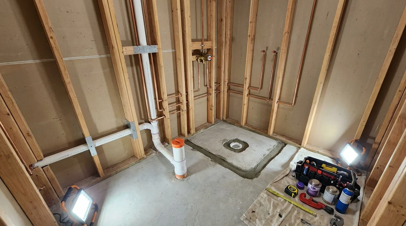 Bathroom rough-in plumbing during remodel by Johns Plumbing LLC in Thedford