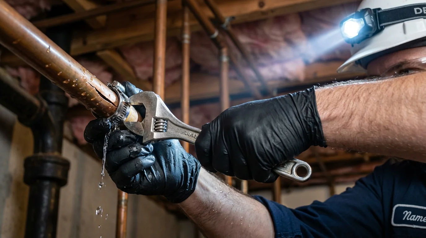 Emergency pipe clamp repair being performed by a Johns Plumbing LLC plumber in Thedford