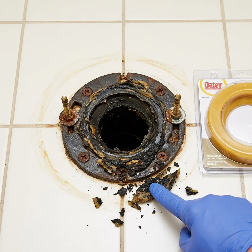 Failed wax ring showing water seepage at the base of a toilet in a Thedford, NE home