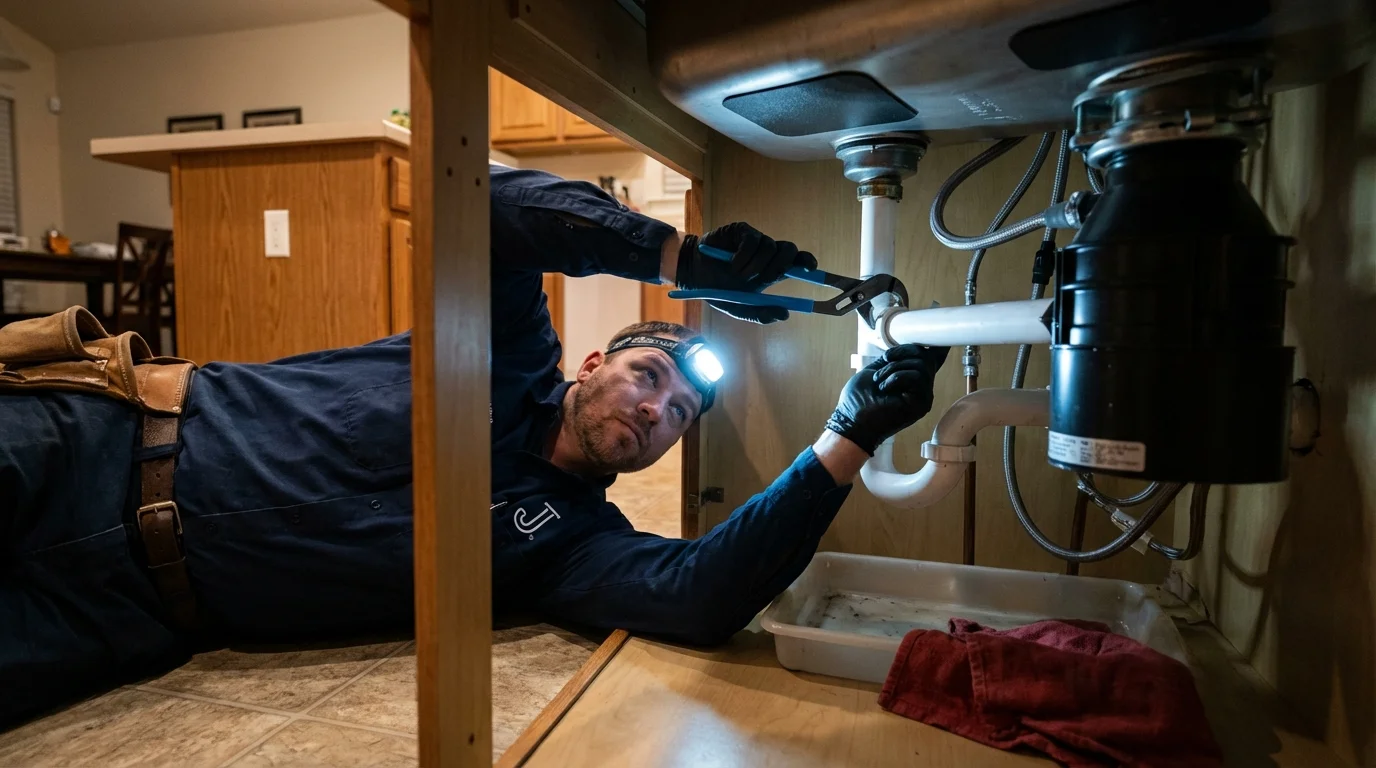 P-trap and supply line connections under a kitchen sink showing a common leak point in Thedford, NE